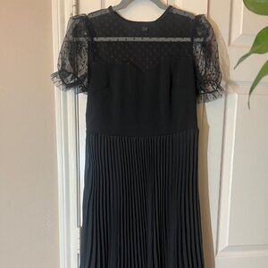 NEW Women's SHEIN Black Pleated Midi Dress Sheer Swiss Dot Puff Sleeve - Large